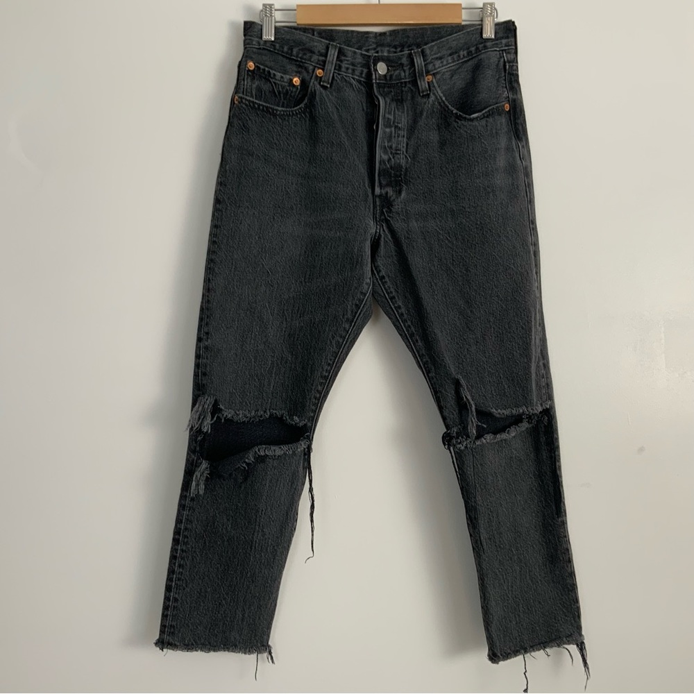 Levi’s Stone Wash Black Distressed Button Fly Jeans, Size 28